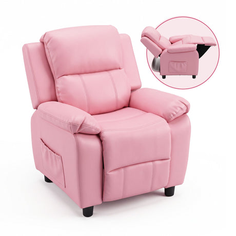 Keezi Kids Recliner Chair PU Leather Toddler Lounge Adjustable Backrest w/ Armrest Storage & 2 Side Pockets Pink