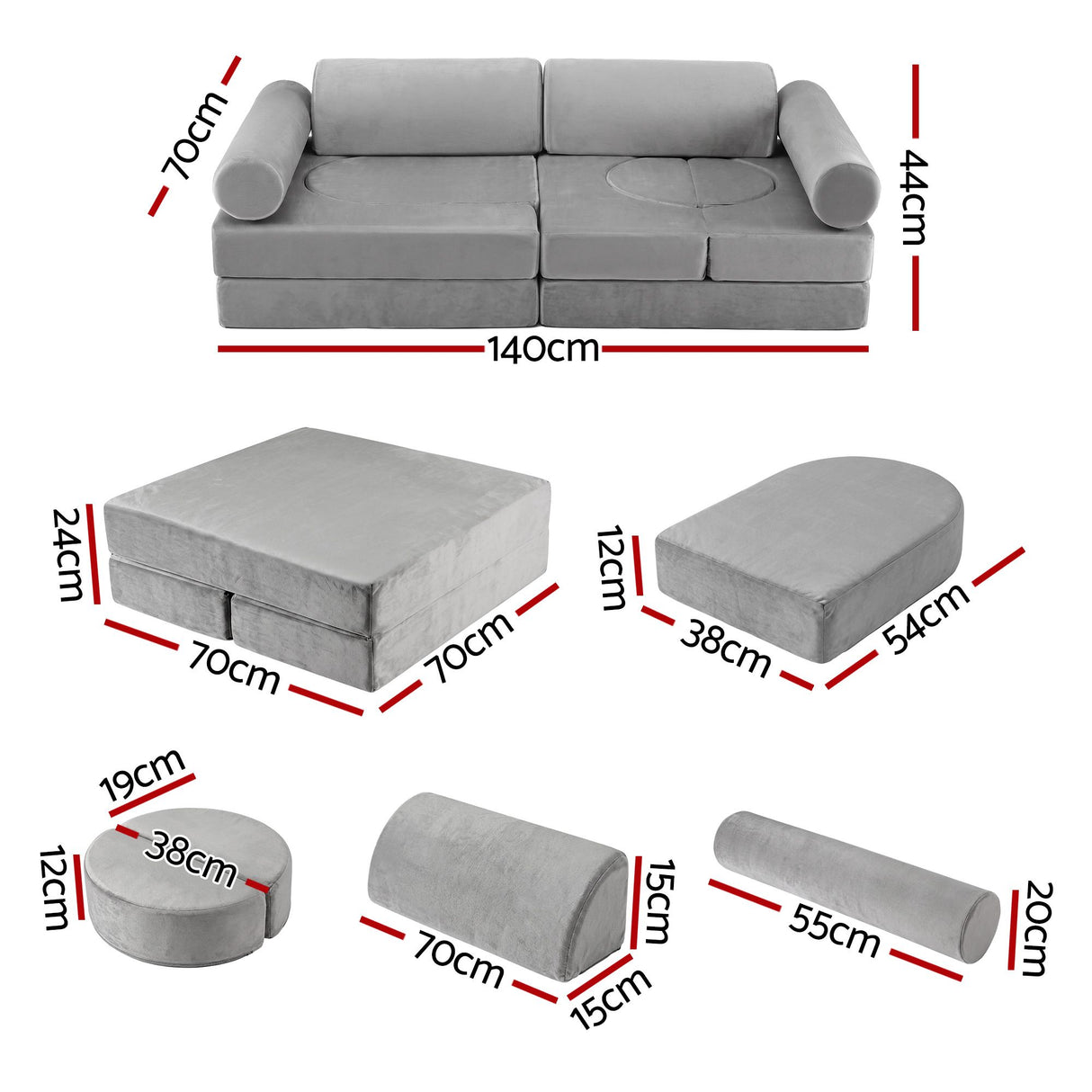 Keezi 12PCS Modular Kids Play Couch Foam Sofa Set with Removable Washable Cover Grey Playroom