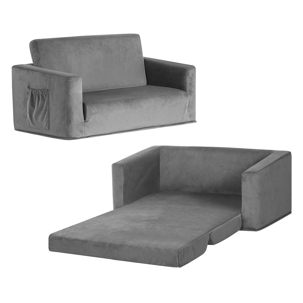 Keezi Kids Sofa 2 Seater Children Flip Open Couch Velvet Armchair Grey