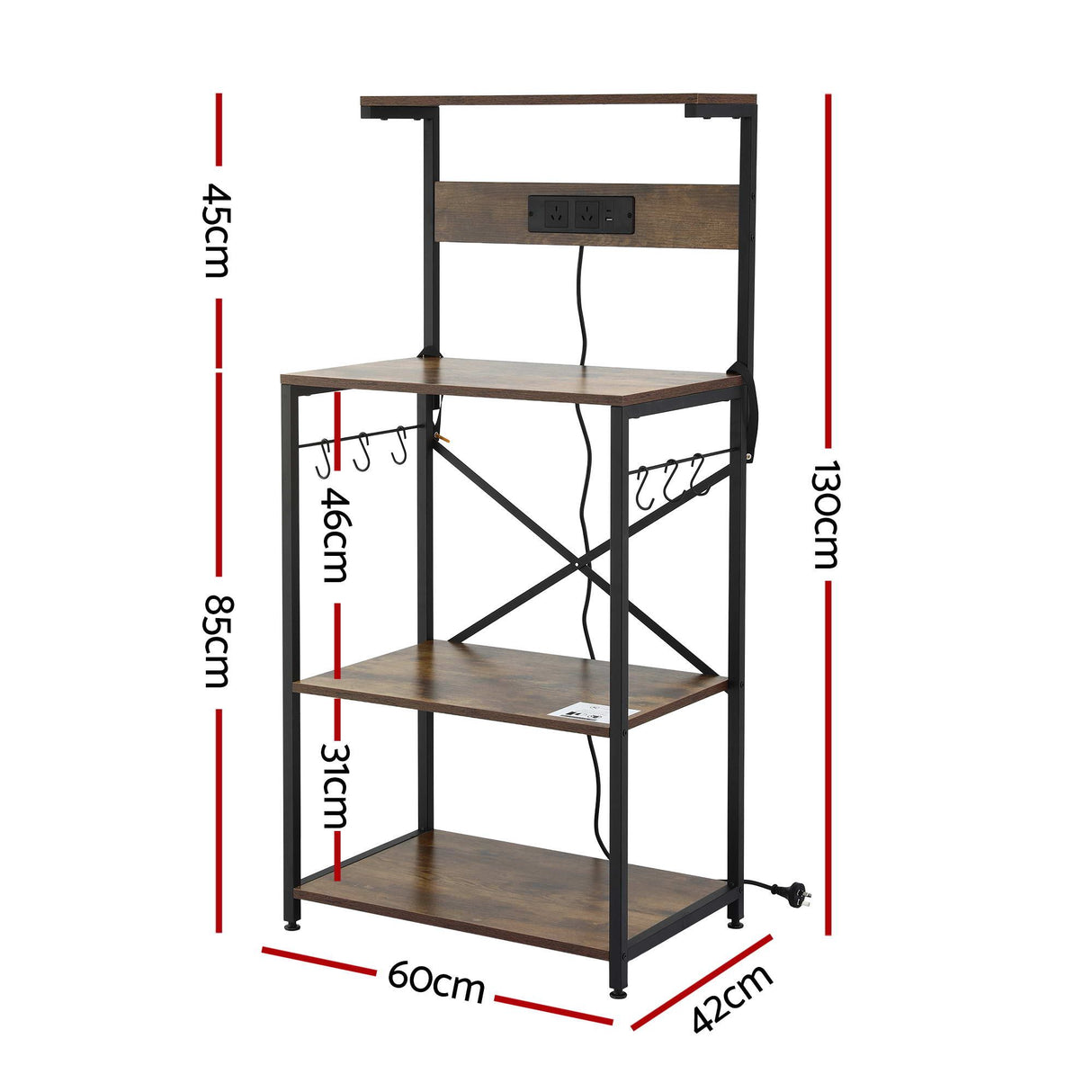 Artiss 4-Tier Kitchen Rack with 2 Power Outlets 6 Hooks Microwave Storage Shelf