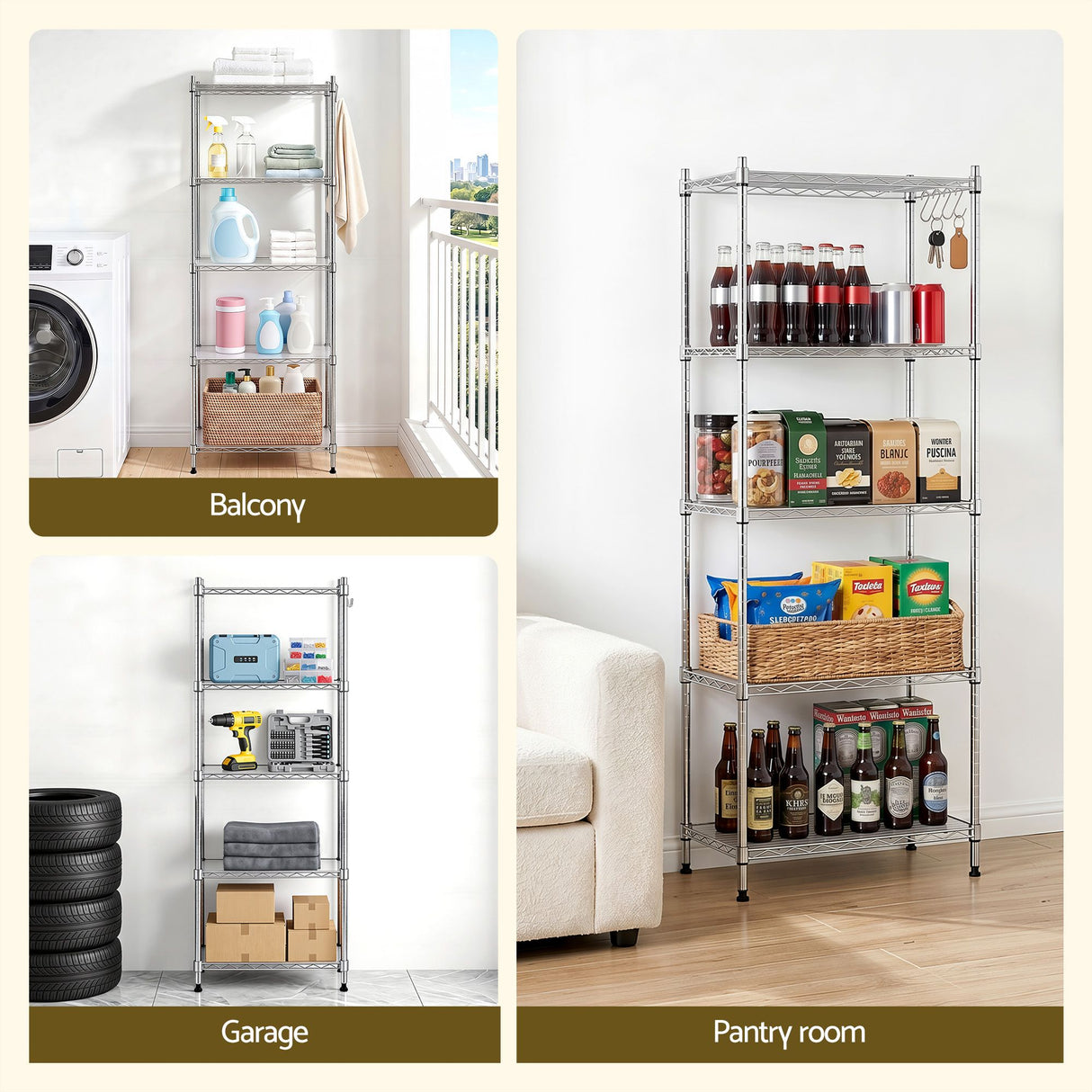 Artiss 5-Tier Kitchen Rack Shelf Shelving Unit 60x35x150CM Adjustable Metal Storage Shelves Silver