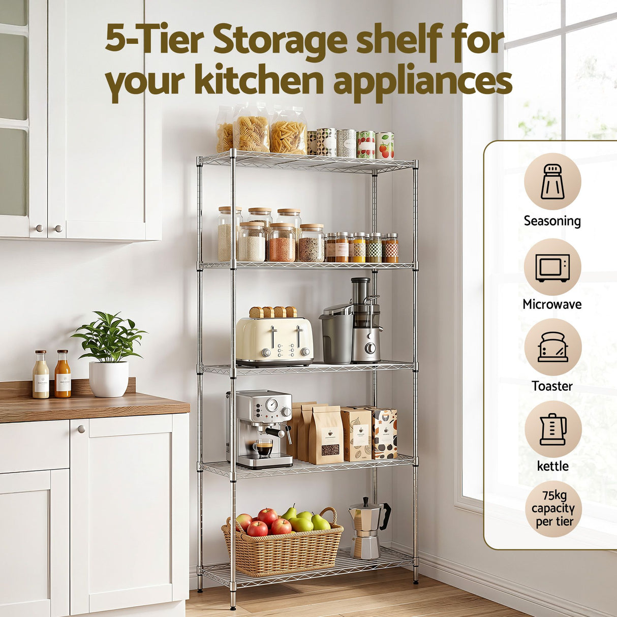 Artiss 5-Tier Kitchen Rack Shelf Shelving 90x35x182CM Adjustable Metal Storage Shelves