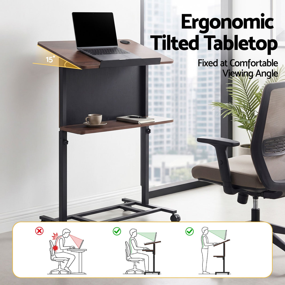 Artiss Mobile Lectern Podium Stand with Storage Shelf Height Adjustable Laptop Desk Black & Walnut
