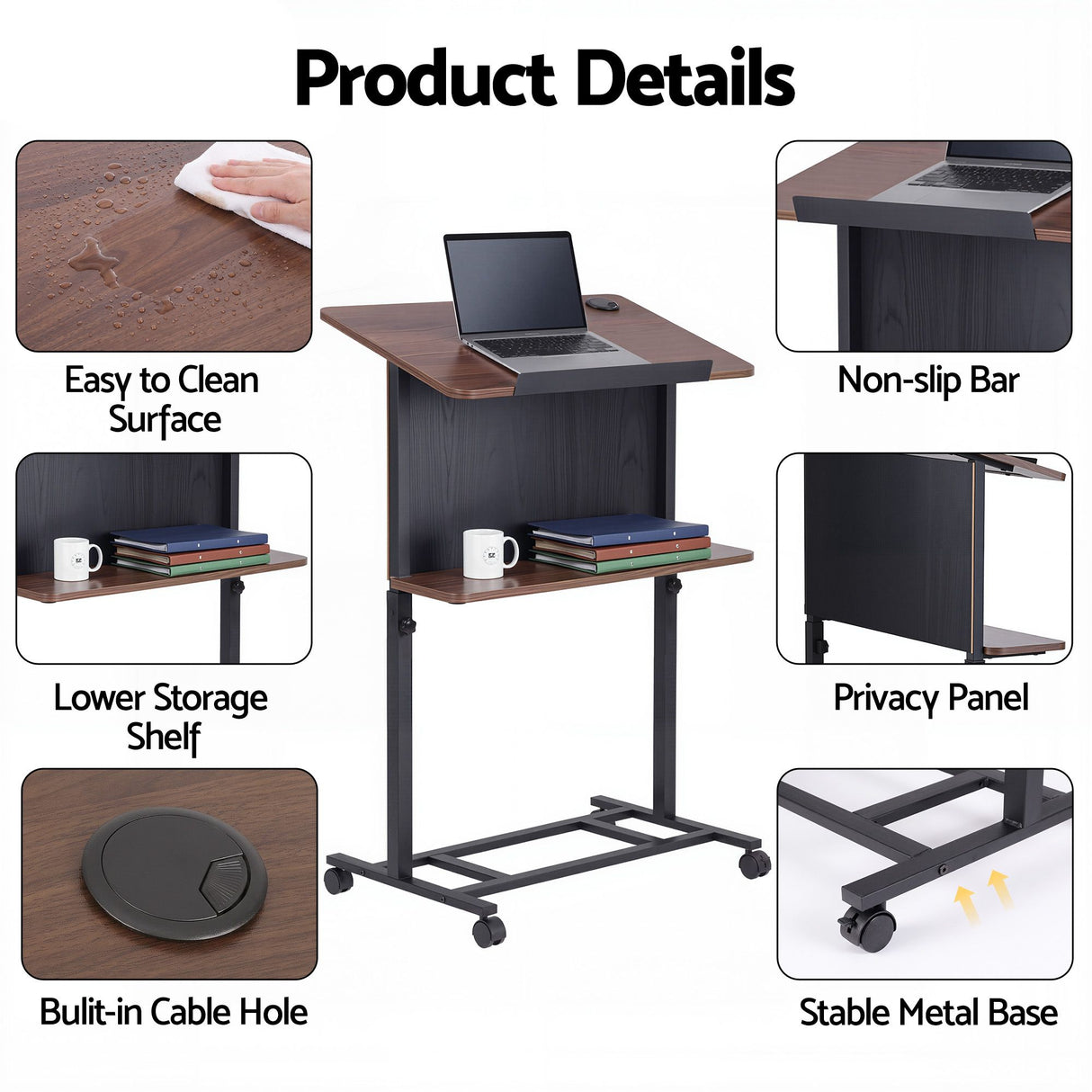Artiss Mobile Lectern Podium Stand with Storage Shelf Height Adjustable Laptop Desk Black & Walnut
