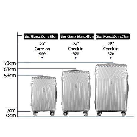 Wanderlite 3 Set Luggage 20-24-28 Inch Suitcase with TSA Lock Carry On Hard Shell Travel Luggage Organiser Case Silver