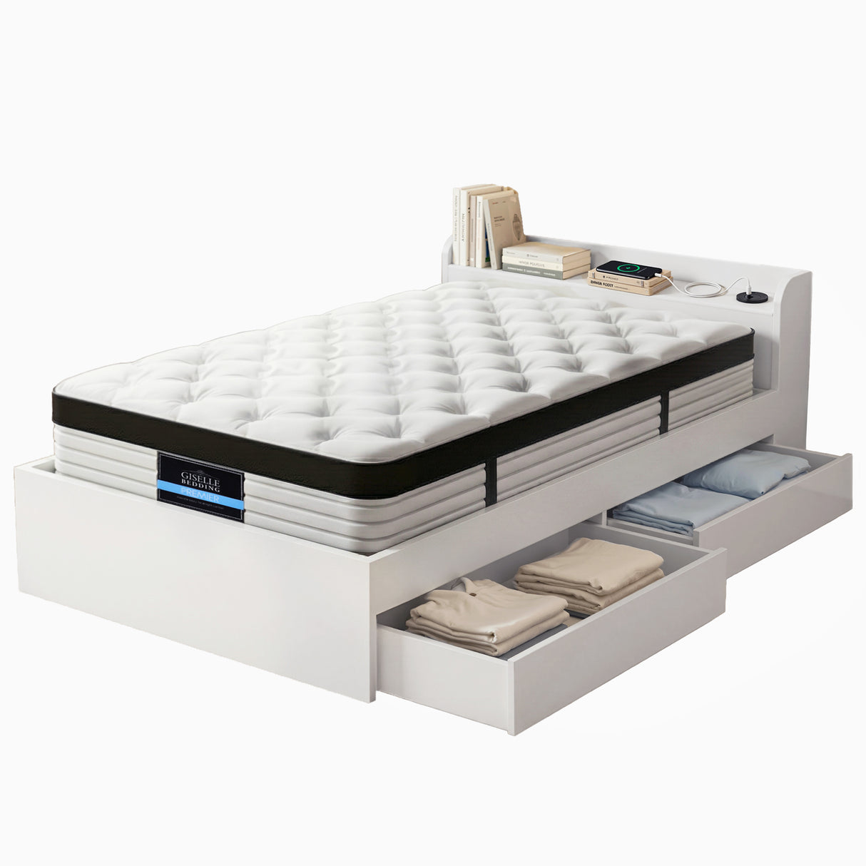 Giselle Single Mattress 5-zone Pocket Spring Mattresses with Artiss Wooden Storage Bed Frame Set