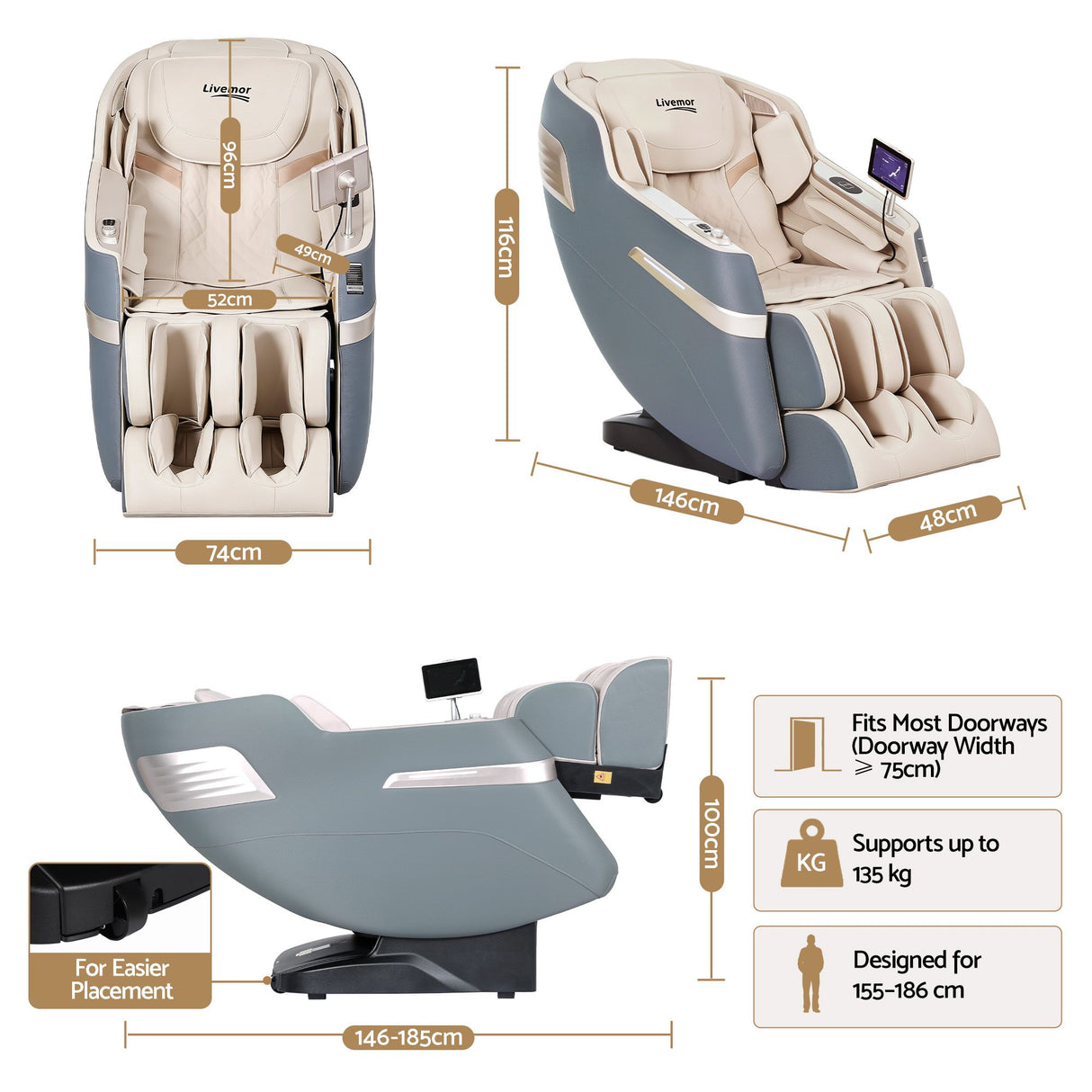 Livemor 4D Massage Chair Recliner SL Track Full Body Zero Gravity Massager Heated AI Body Scan SINA