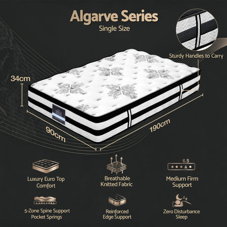 Giselle Bedding 34cm Mattress Euro Top Pocket Spring Single