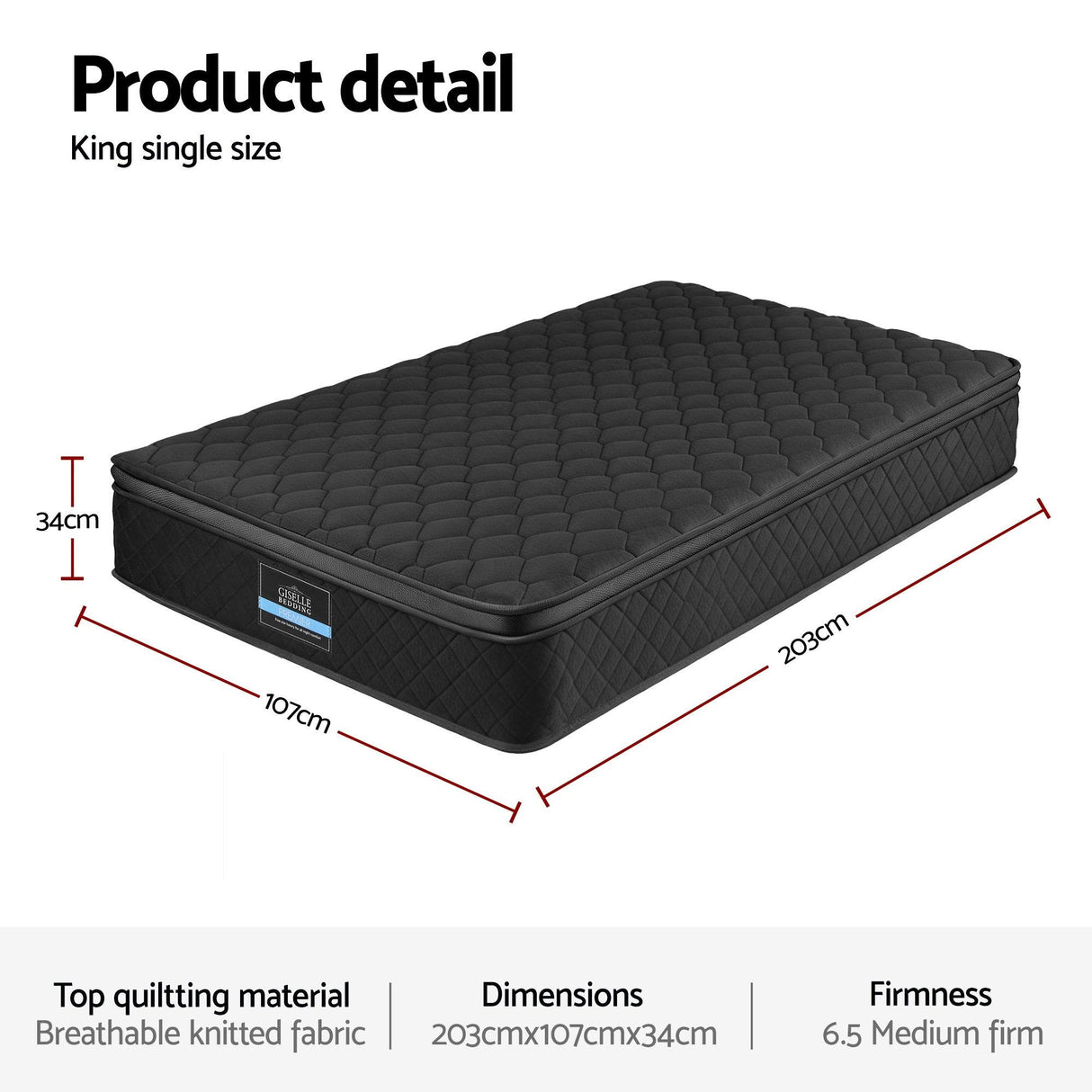 Giselle Bedding King Single Mattress 34cm Euro Top with 5-Zone Pocket Spring Support Black
