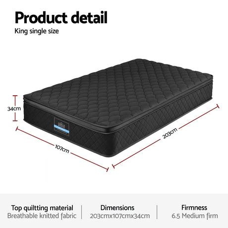 Giselle Bedding King Single Mattress 34cm Euro Top with 5-Zone Pocket Spring Support Black