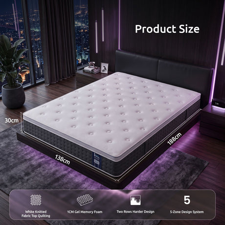 Levitex Double Mattress Lumbar Support, 5-Zone Pocket Springs & 2-Row Hardened Edges for Deep Sleep, Cooling Gel Memory & Egg-Crate Foam