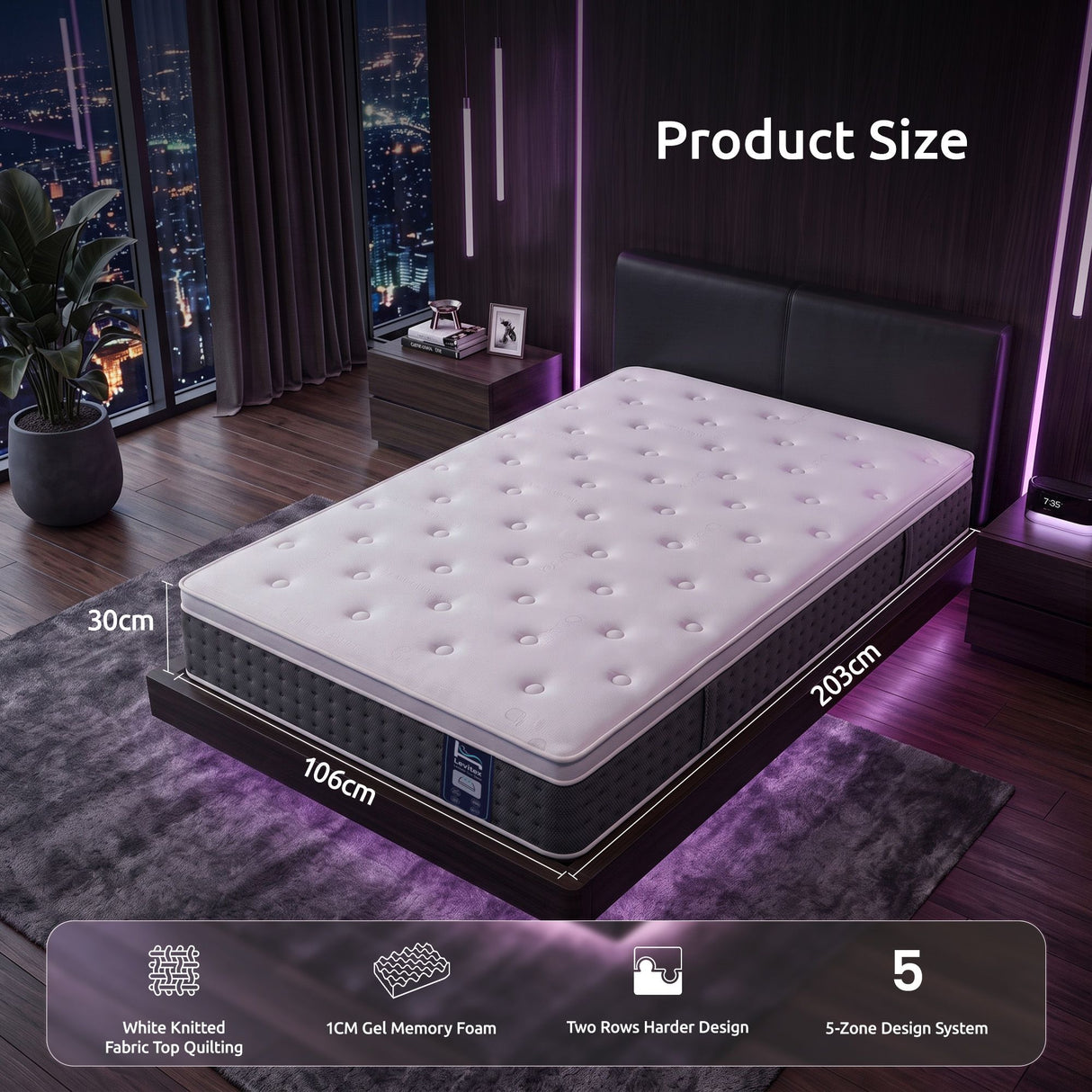 Levitex King Single Mattress Lumbar Support, 5-Zone Pocket Springs & 2-Row Hardened Edges for Deep Sleep, Cooling Gel Memory & Egg-Crate Foam