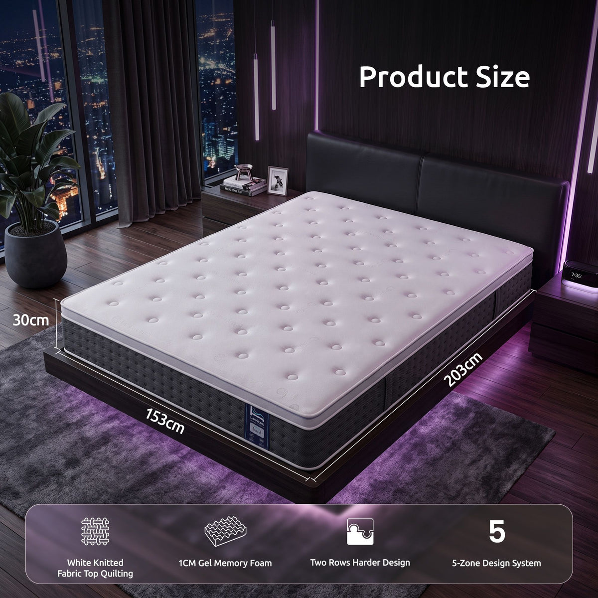 Levitex Queen Mattress Lumbar Support, 5-Zone Pocket Springs & 2-Row Hardened Edges for Deep Sleep, Cooling Gel Memory & Egg-Crate Foam