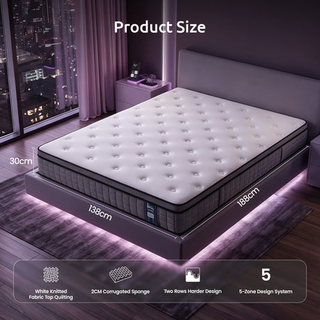 Levitex Double Mattress 2 Rows Edge Support for Deep Sleep 5-Zone Ergonomic Pocket Spring Breathable Corrugated Sponge Medium Firm 30CM