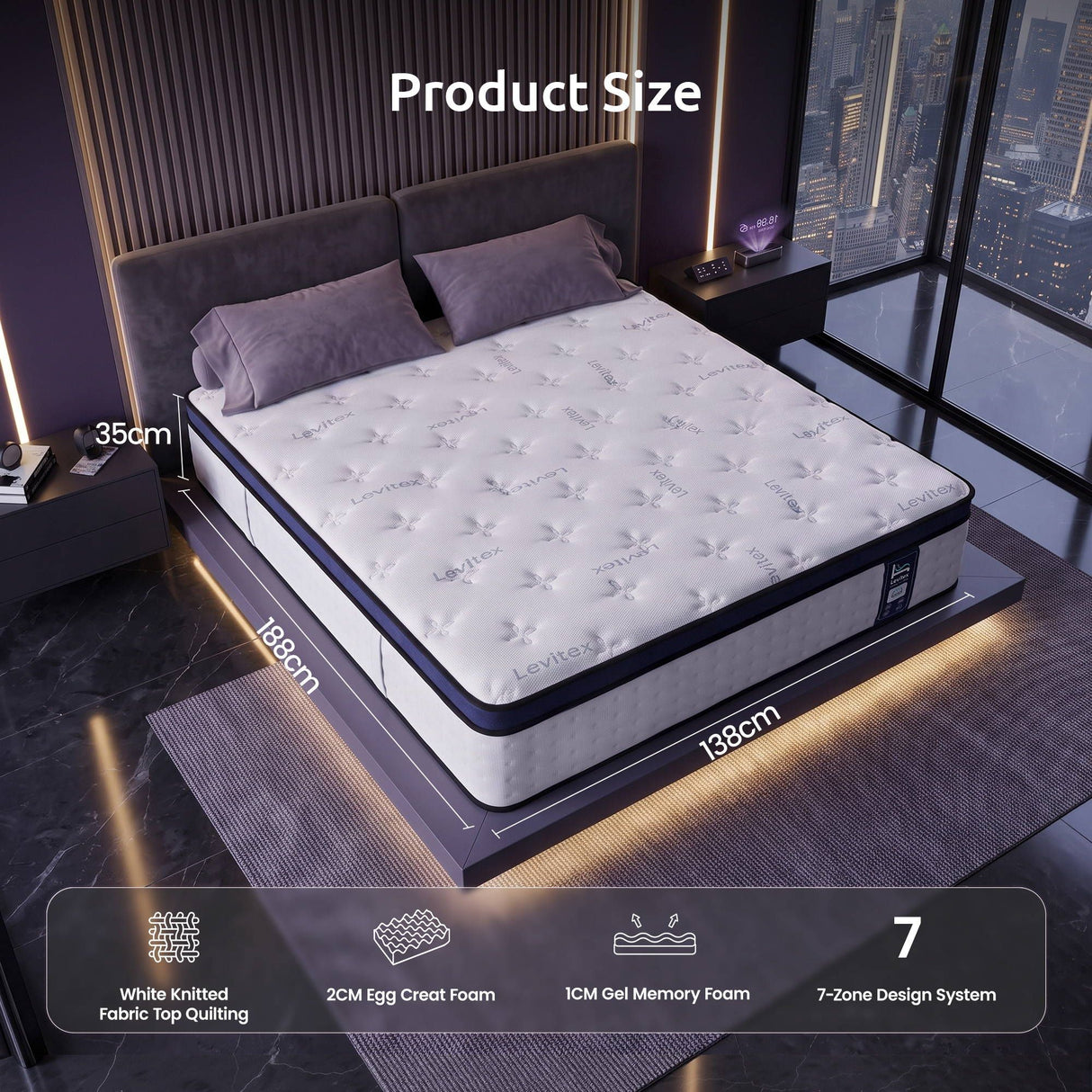 Levitex 35CM Double Mattresses Gel Memory Foam and 7-Zone Ergonomic Pocket Spring, Anti-Roll Dual-Row Edge, Undisturbed Deep Sleep For Restless Couples, Triple Cooling System