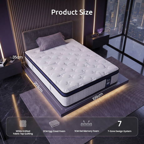 Levitex 35CM King Single Mattresses Gel Memory Foam and 7-Zone Ergonomic Pocket Spring, Anti-Roll Dual-Row Edge, Triple Cooling System for Hot Sleepers