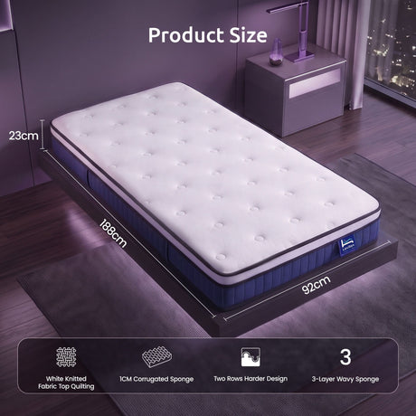 Levitex Single Mattress 23CM With Pocket Spring & Cooling Gel Foam, Medium-Firm Full-Body Support, Mattresses In A Box