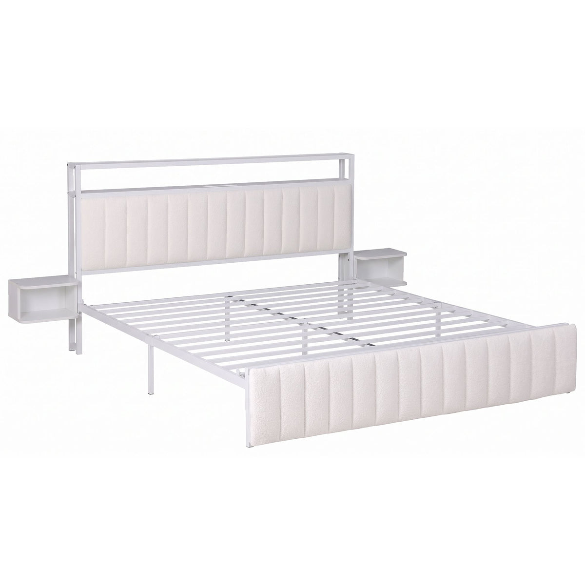 Artiss King Metal Bed Frame Boucle Headboard Charging Station Side Table White