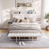 Artiss Queen Metal Bed Frame Boucle Headboard Charging Station Side Table White