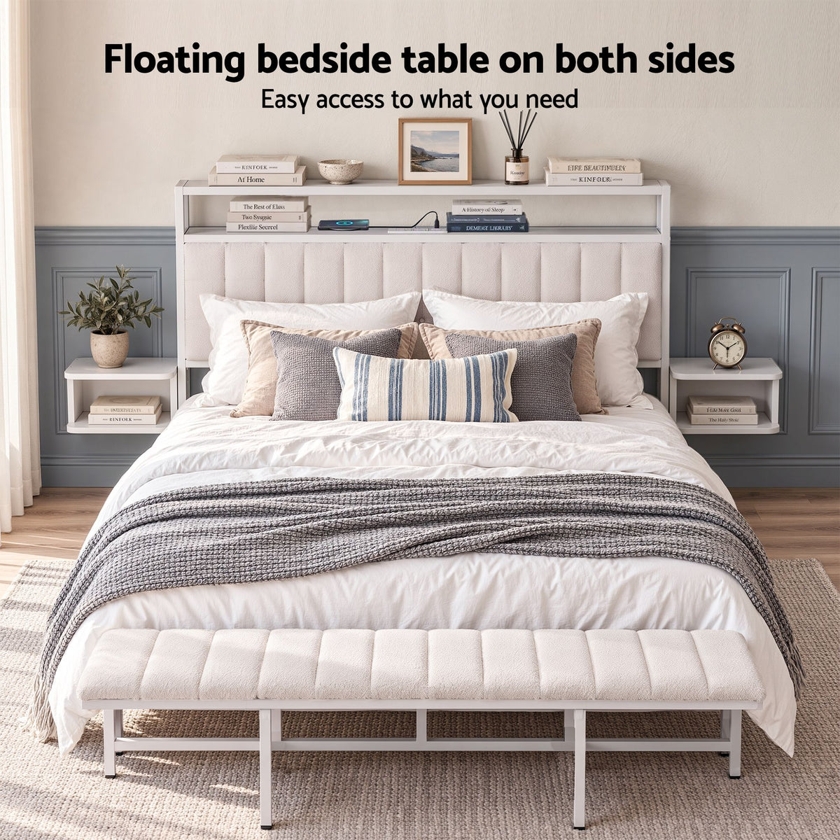 Artiss Queen Metal Bed Frame Boucle Headboard Charging Station Side Table White