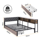 Artiss Bed Frame King Single Size with 2 Drawers and Charging Station Metal Corner Bed Base