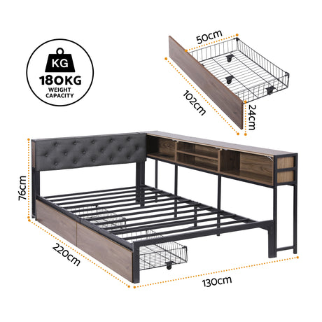 Artiss Bed Frame King Single Size with 2 Drawers and Charging Station Metal Corner Bed Base