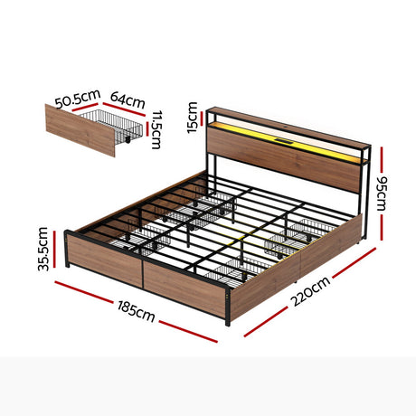 Artiss Metal Bed Frame King Size with 2-Tier Storage Headboard