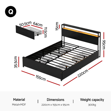 Artiss Metal Bed Frame Queen Size Storage Headboard Charge Station LED 4 Drawers