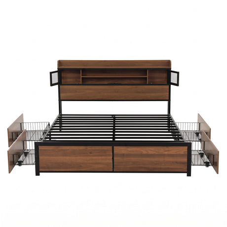 Artiss Queen Bed Frame with Charging Station 4 Drawers Storage Oak