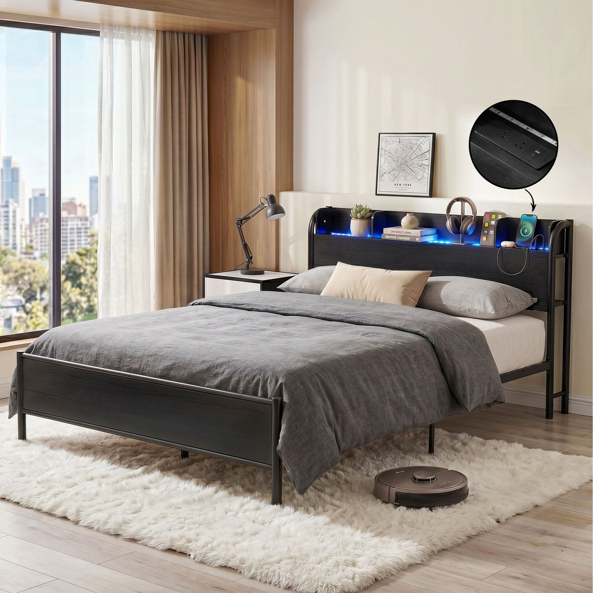 Artiss Bed Frame Queen Size with Storage Shelf Headboard Charging Stat ...