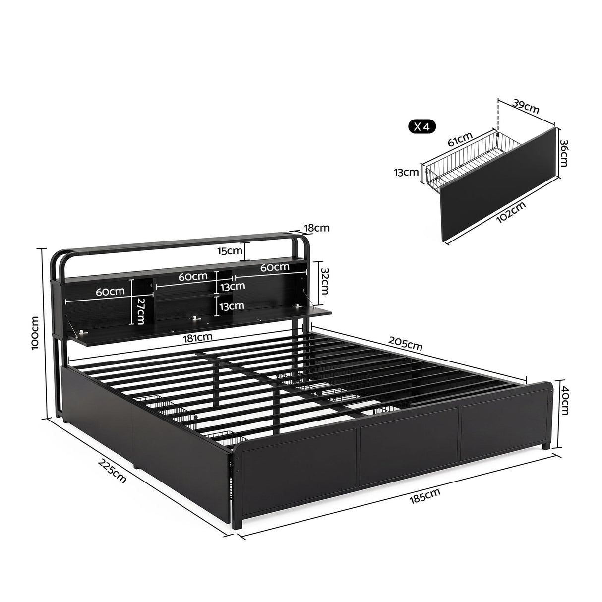 Artiss King Metal Bed Frame 4 Drawers Hidden Storage Headboard HEDY