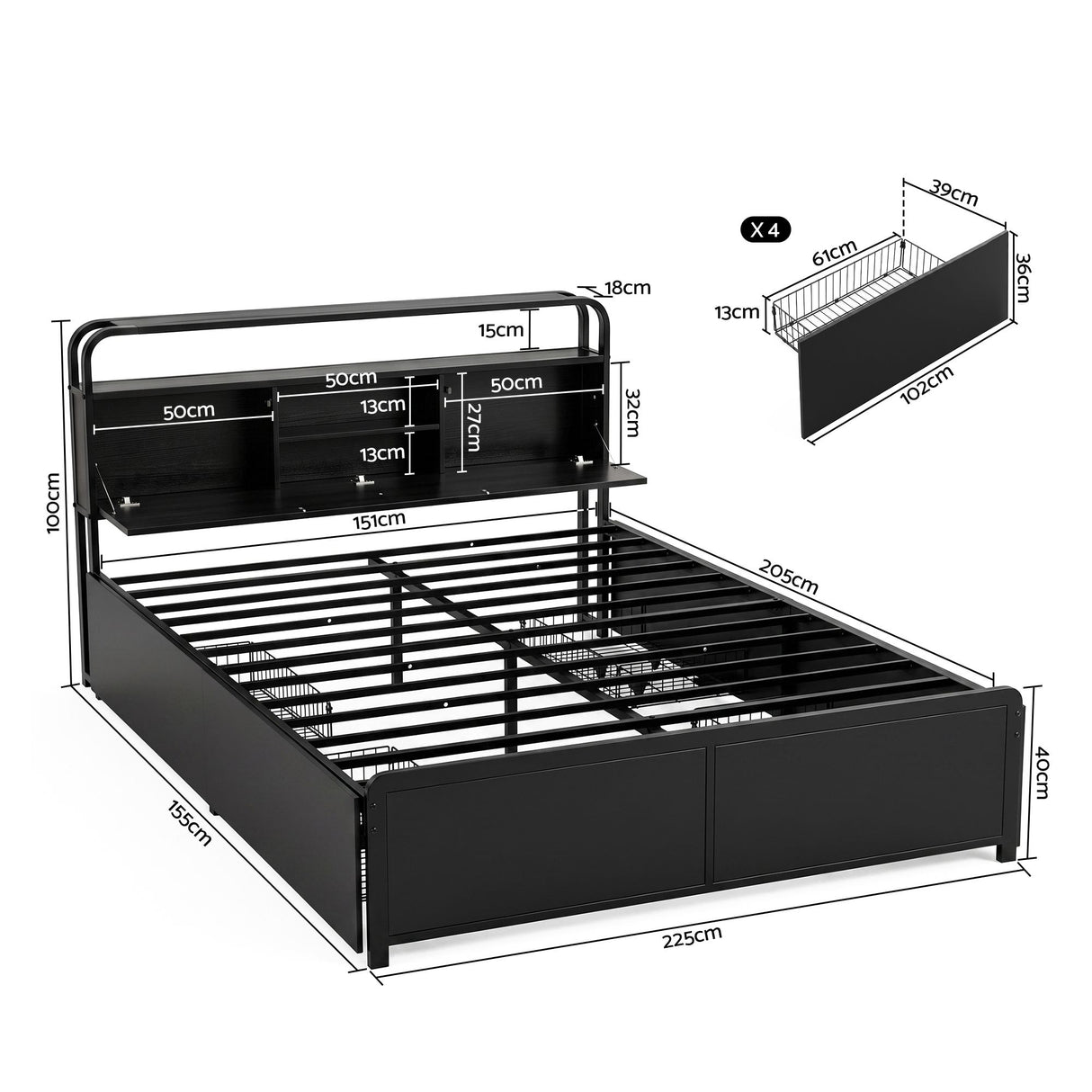 Artiss Queen Metal Bed Frame 4 Drawers Hidden Storage Headboard HEDY