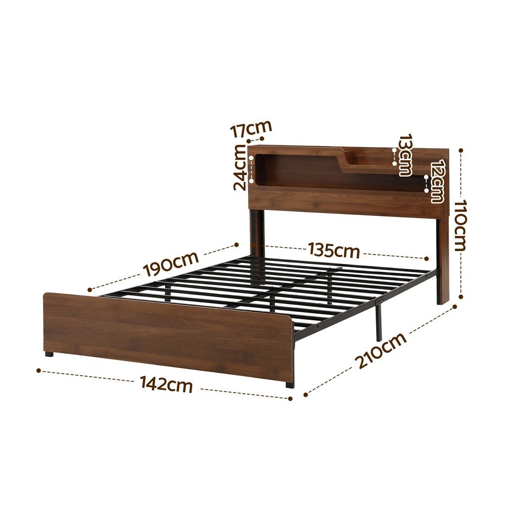 Artiss Double Bed Frame Metal with Charging Station LED Light Storage Shelf