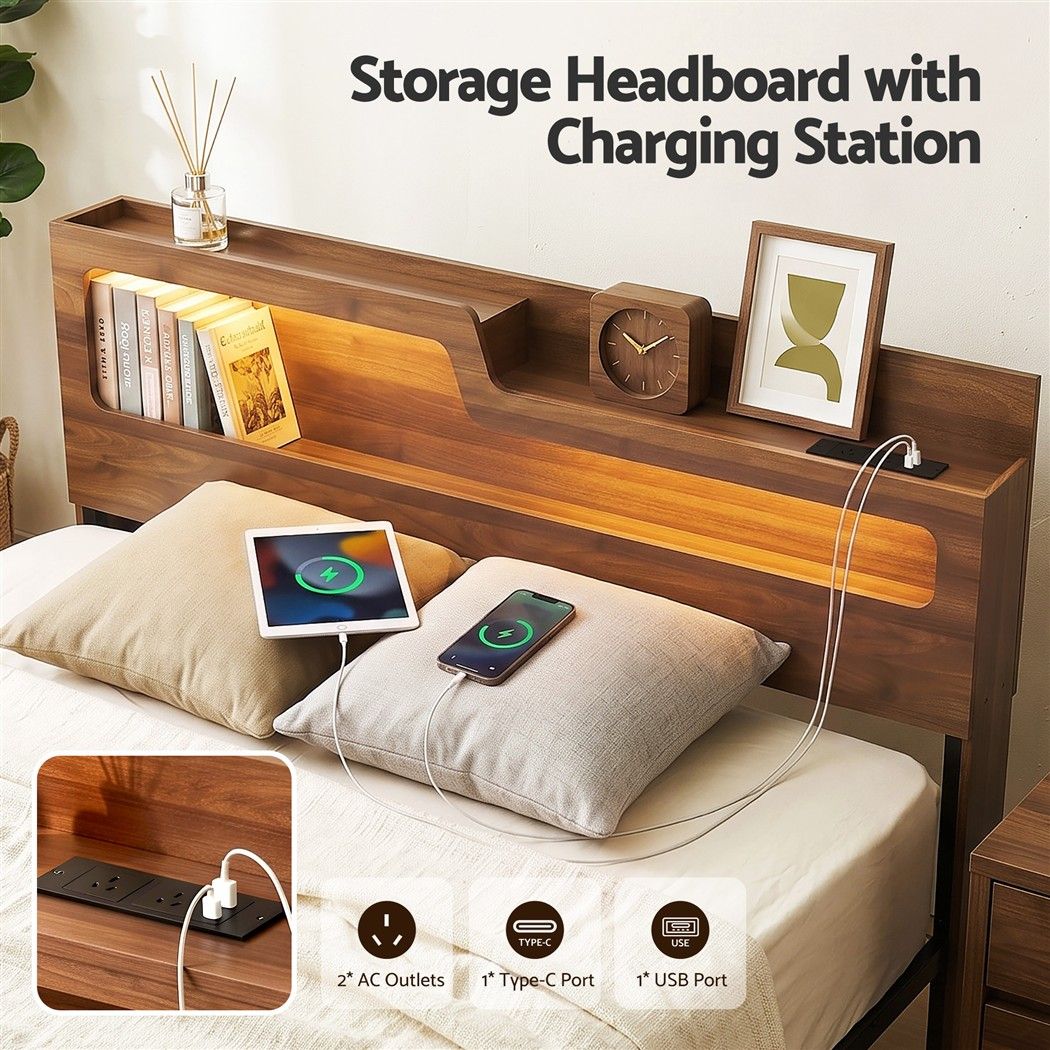 Artiss Double Bed Frame Metal with Charging Station LED Light Storage Shelf