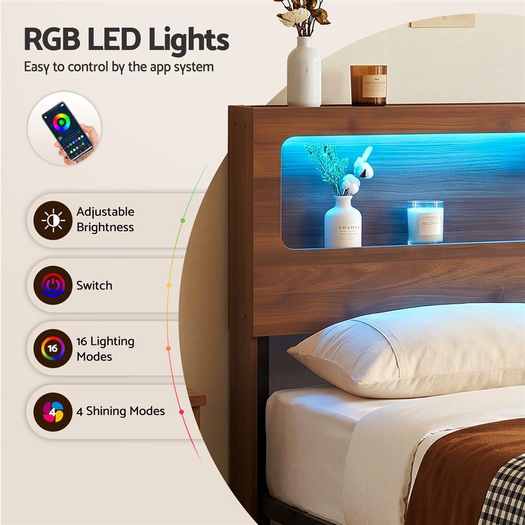 Artiss King Bed Frame Metal with Charging Station LED Light Storage Shelf
