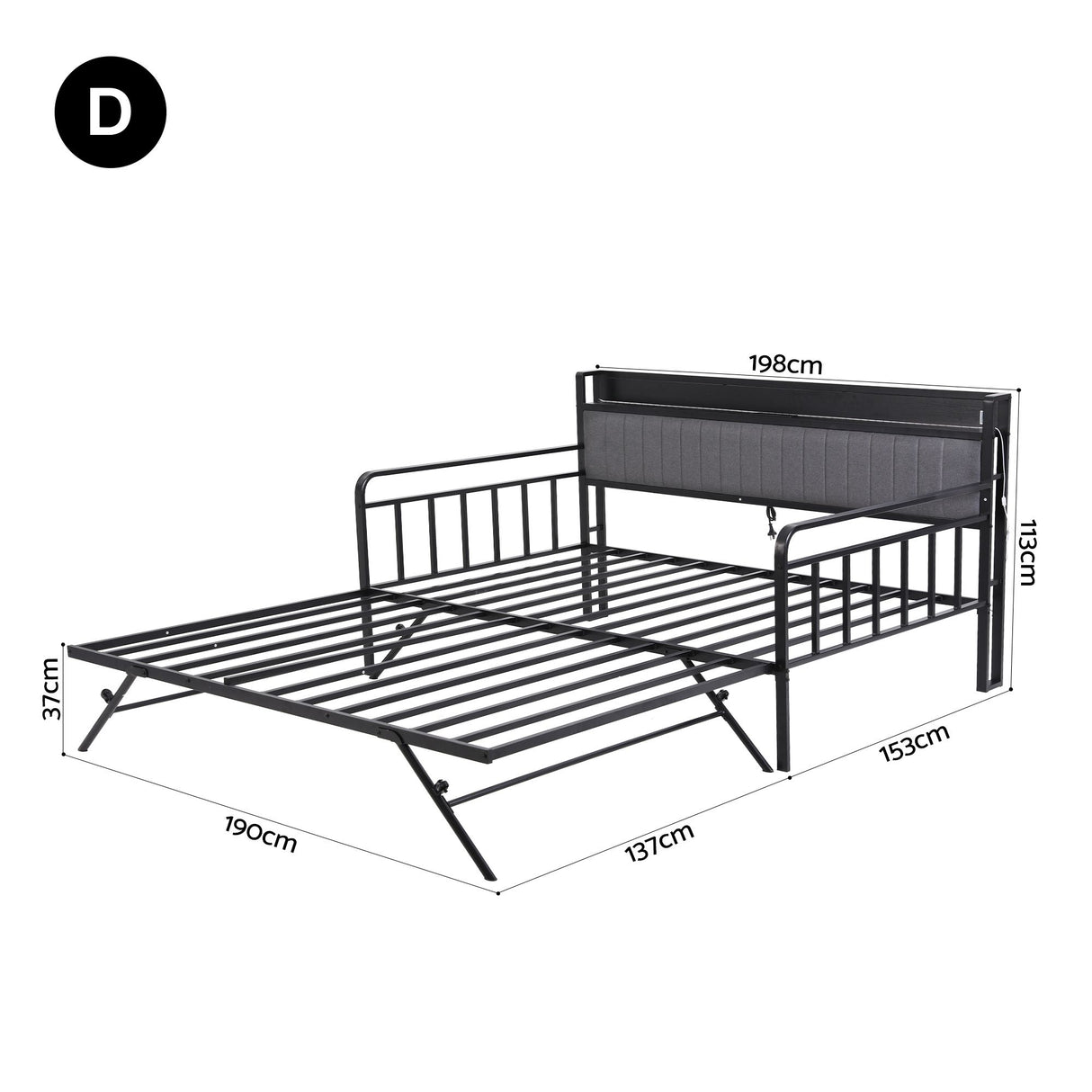 Artiss Bed Frame Double LED Metal Trundle Daybed with Charging Station TURN