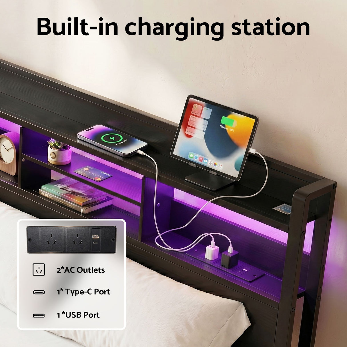 Artiss Bed Frame Double with Charging Station Storage Organizer Drawers LED ZAC