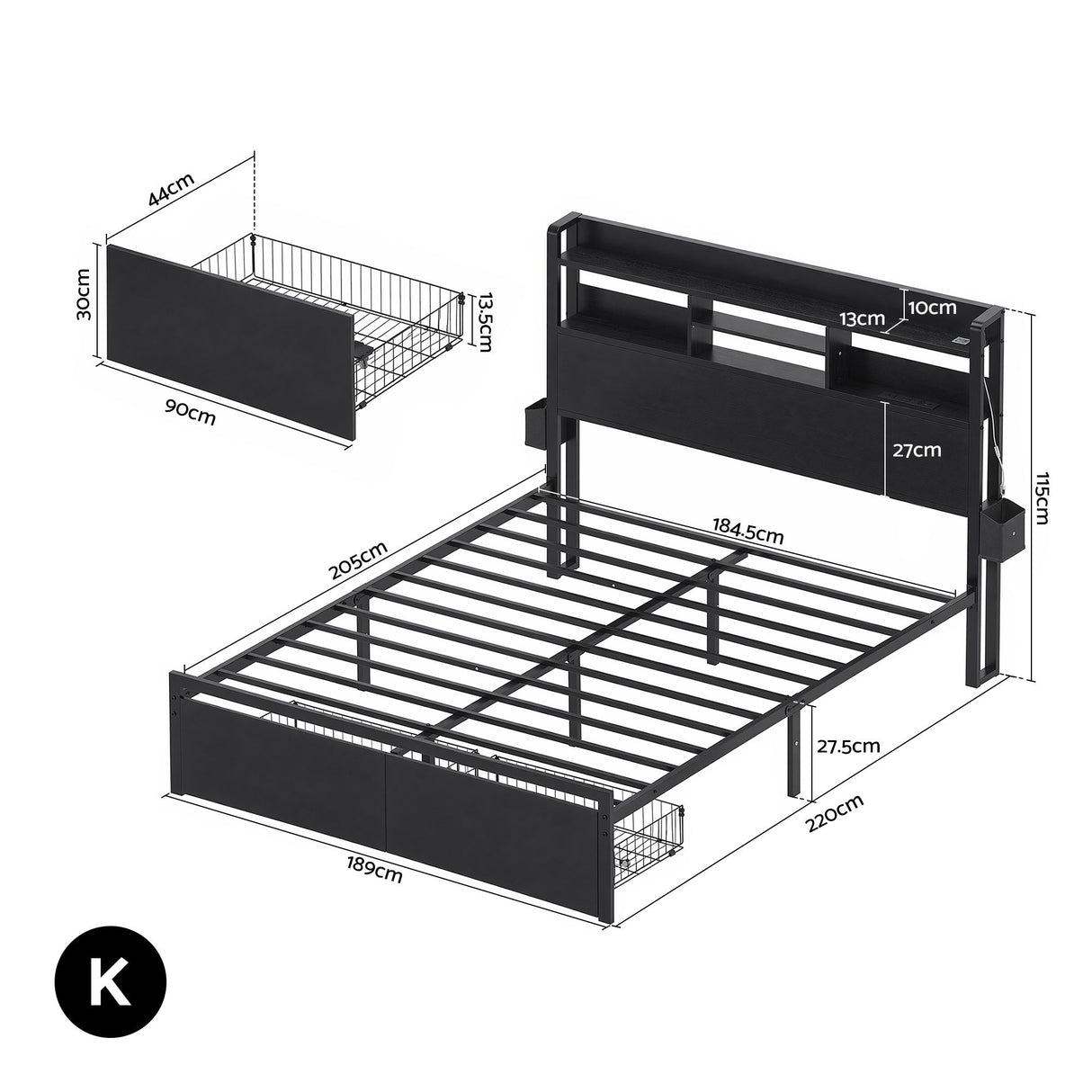 Artiss Bed Frame King with Charging Station Storage Organizer Drawers LED ZAC