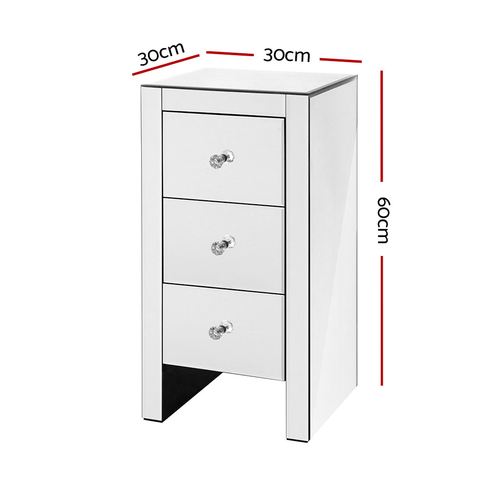 Quenn Mirrored Bedside Table 3 Drawers