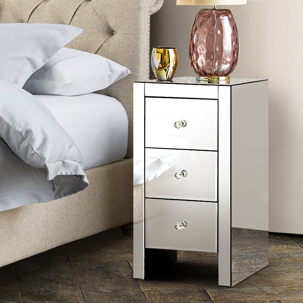 Quenn Mirrored Bedside Table 3 Drawers