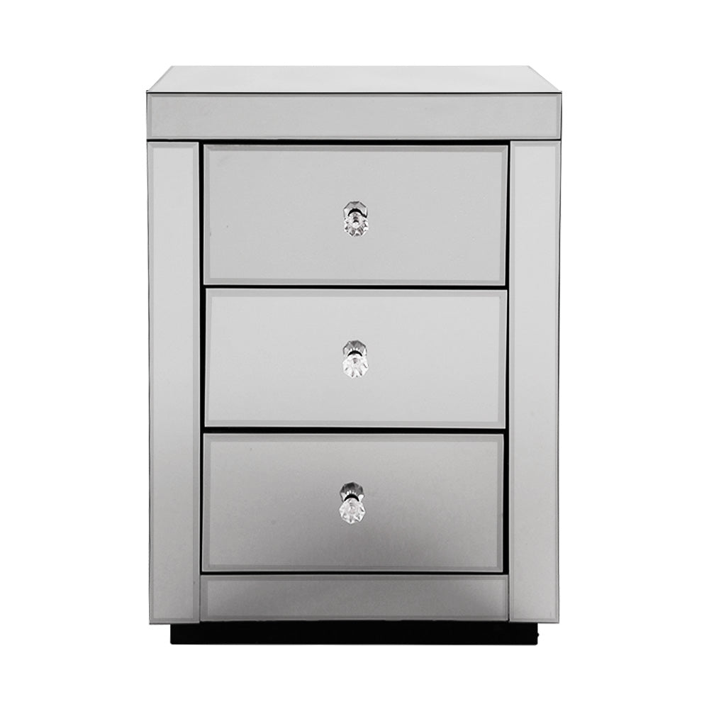 Presia Mirrored Bedside Table 3 Drawers