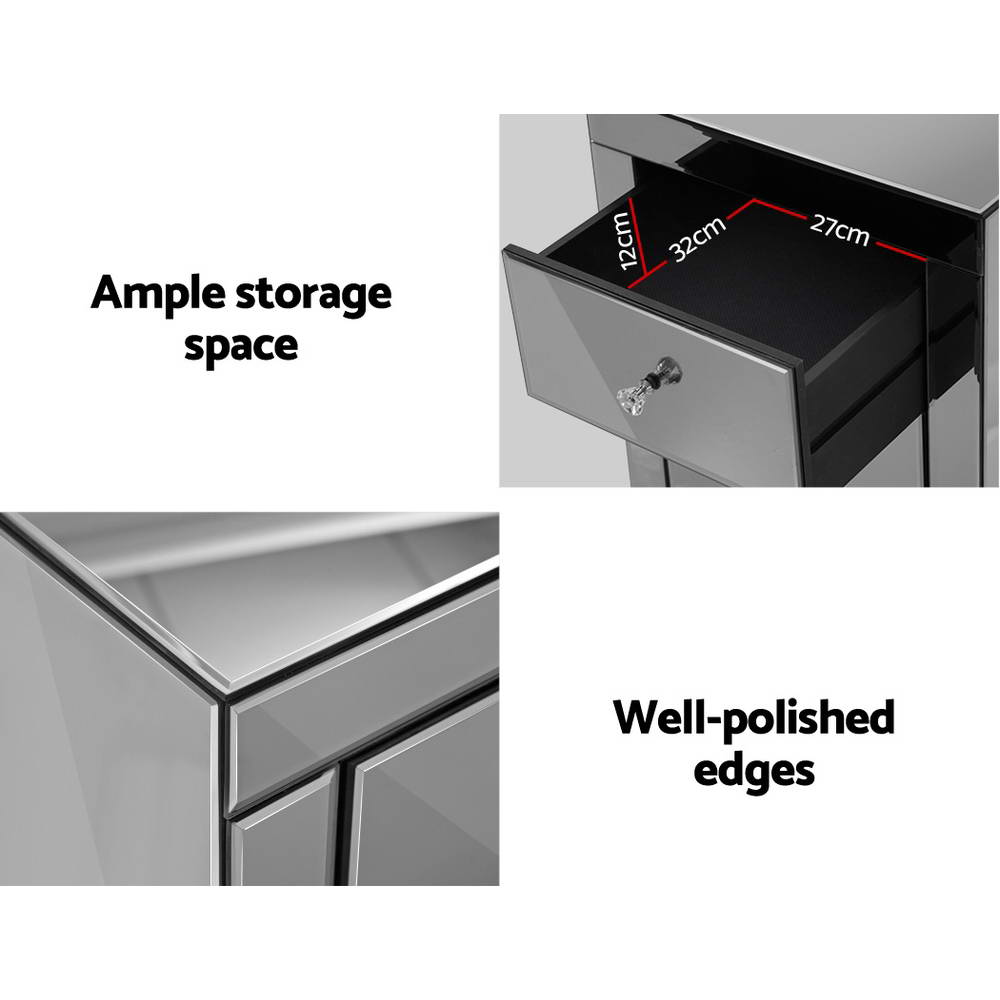 Presia Mirrored Bedside Table 3 Drawers