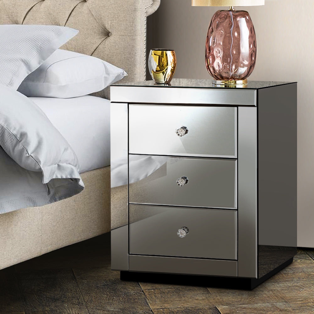 Presia Mirrored Bedside Table 3 Drawers