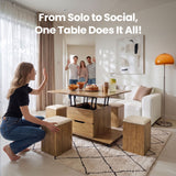 Fittro 3-in-1 Lift Top Coffee Table with 4 Chairs, Dining Table Work Desk Built-in Storage, Hydraulic Swivel, Lockable Castors, Space-Saving for Living Rooms & Flats, Apartments
