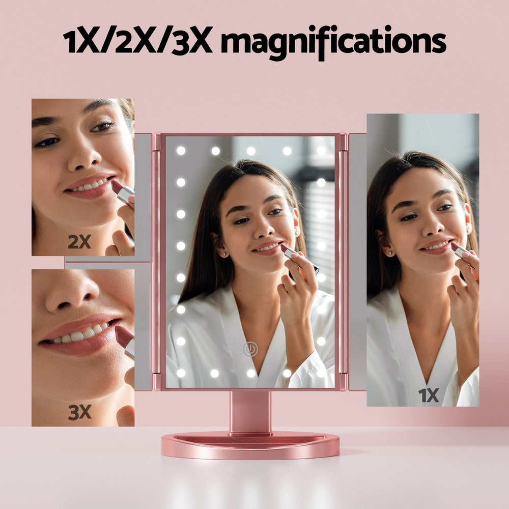 Embellir Tri-fold Makeup Mirror 1X2X3X Magnifying with LED Light Travel Portable Pink