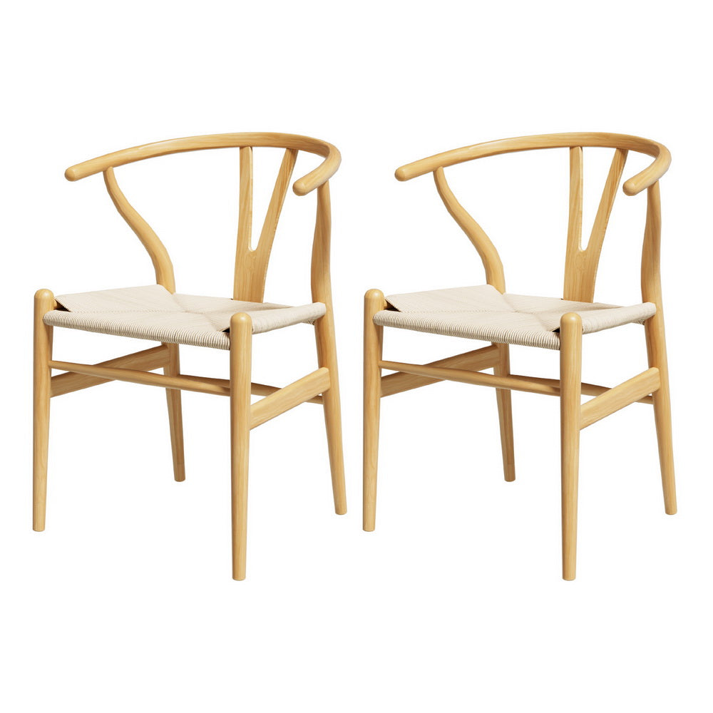 1 Set of 2 Artiss Dining Chairs Wooden Rattan Seat Wishbone Back