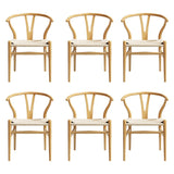 1 Set of 6 Artiss Dining Chairs Wooden Rattan Seat Wishbone Back