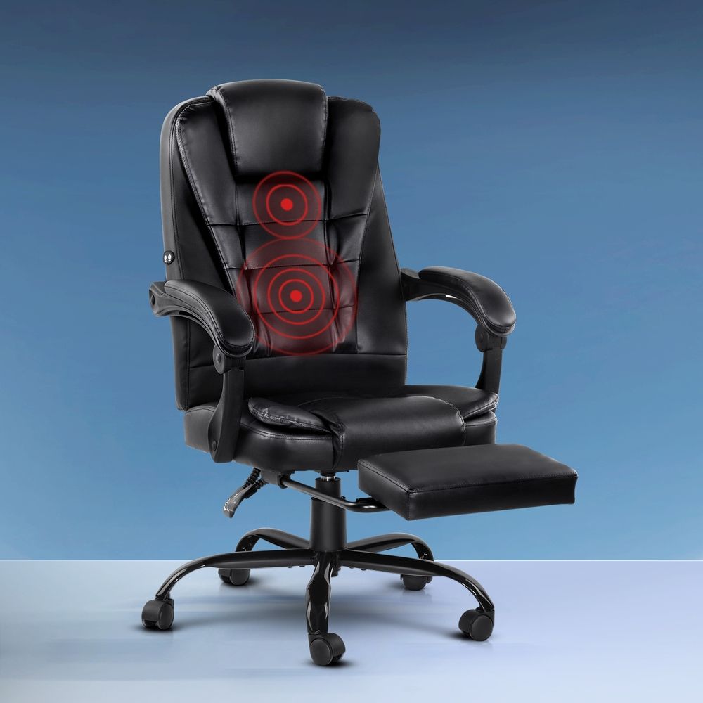 2 Point Massage Office Chair PU Leather Footrest Black