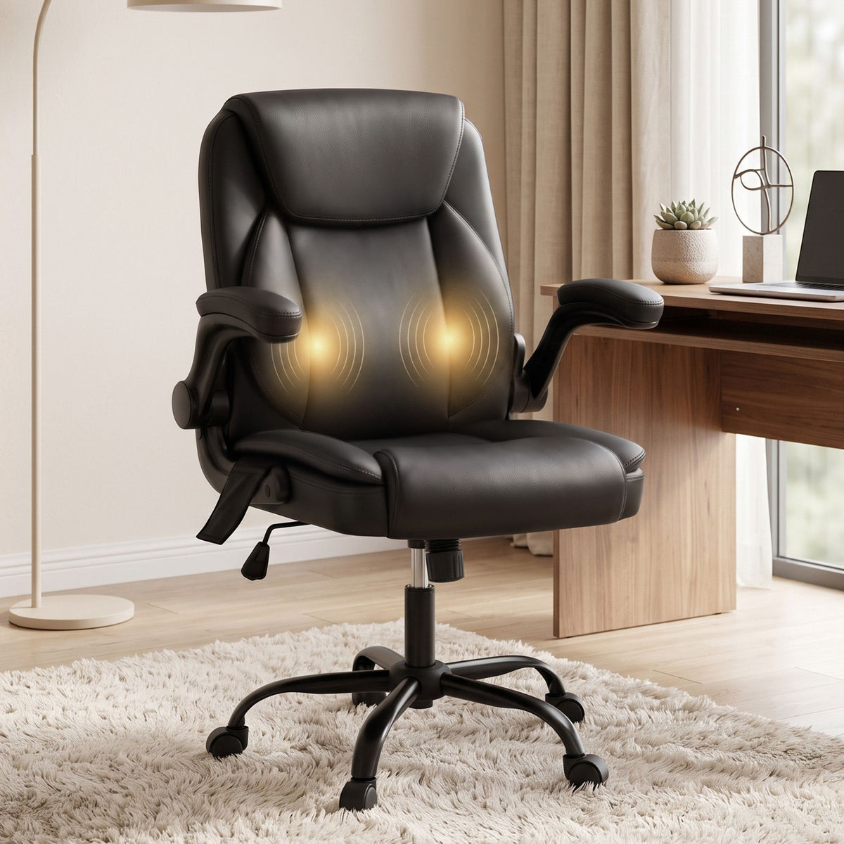 2 Point Massage Office Chair Leather Mid Back Black