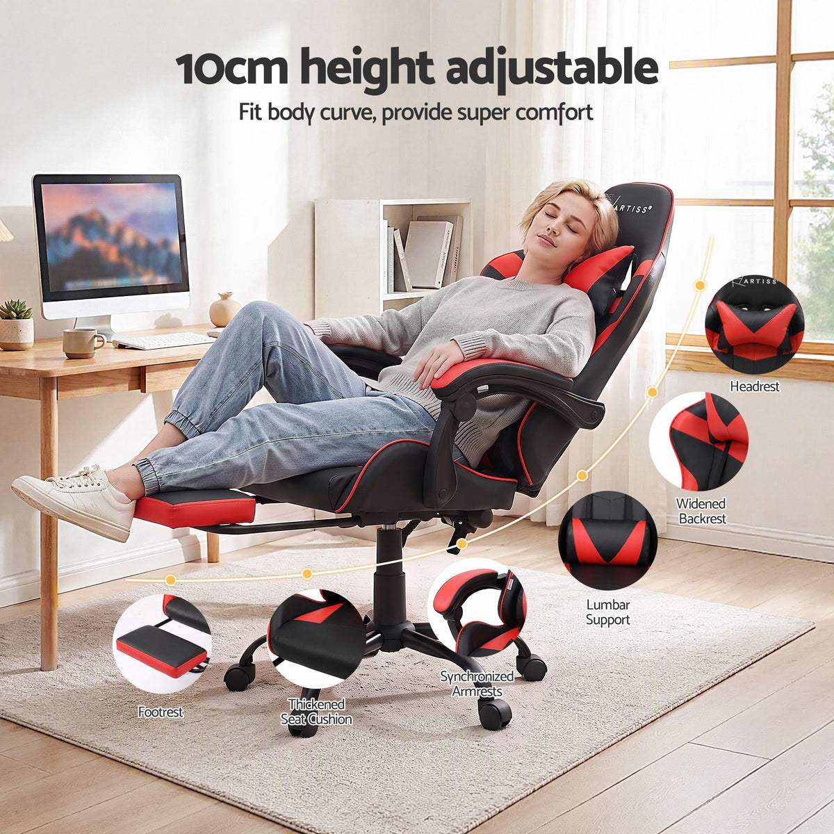 2 Point Massage Gaming Office Chair Footrest Red